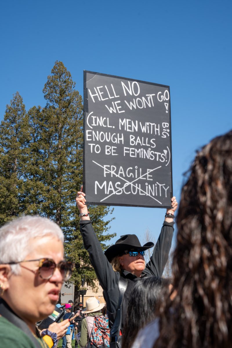 A handwritten sign is held up by a demonstrator during the International Women’s Day march in Old Courthouse Square on Saturday, March 8, 2025 in Santa Rosa.  