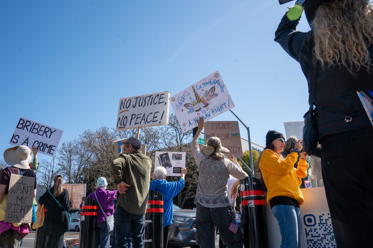 Demonstrators hold handwritten signs in show of support during the International Women’s Day march in Old Courthouse Square on Saturday, March 8, 2025 in Santa Rosa.  