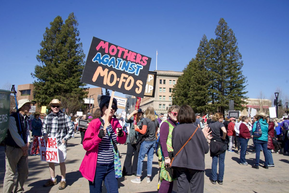 A hand painted sign is held by a demonstrator in support of the International Women’s Day march in Old Courthouse Square on Saturday, March 8, 2025 in Santa Rosa.  