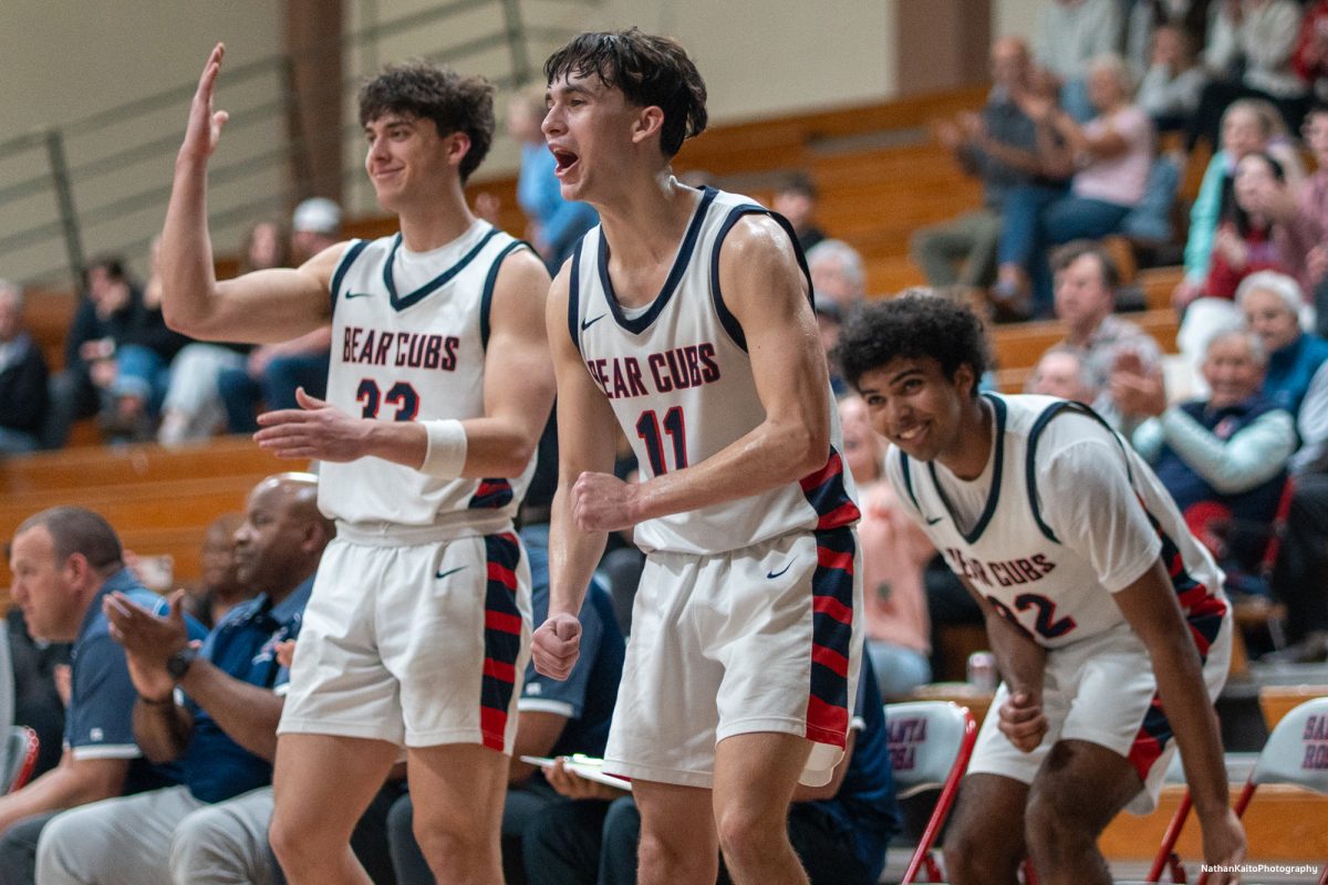 Bear Cubs' guard Spencer Langowski ecstatically celebrates guard, Kobe Gatti's lay up against Yuba on Saturday, Mar. 1, 2025 at Haehl Pavilion.  