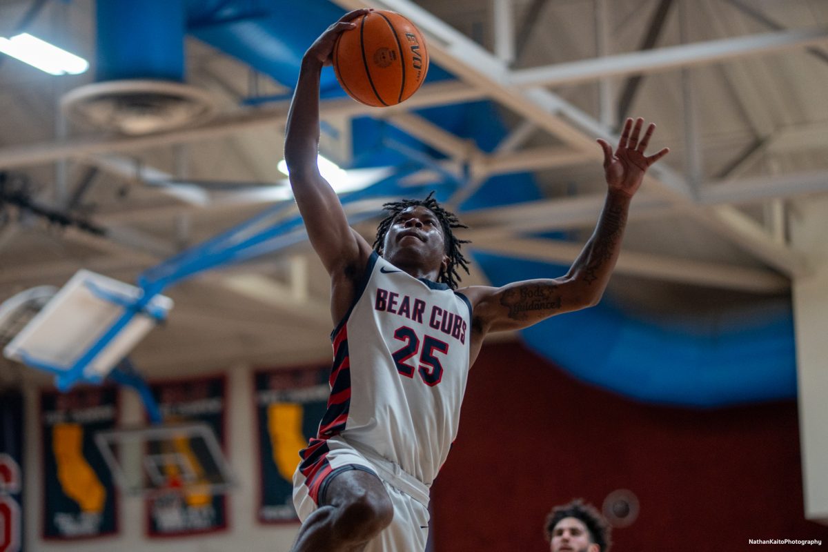 SRJC guard Gavin Cook-Whisenton leaps up for an open lay up against Yuba on Saturday, Mar. 1, 2025 at Haehl Pavilion.  