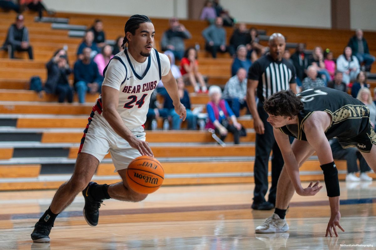 Bear Cubs' forward Vincent Jackson sits down his defender and drives to the rim against Yuba on Saturday, Mar. 1, 2025 at Haehl Pavilion.  