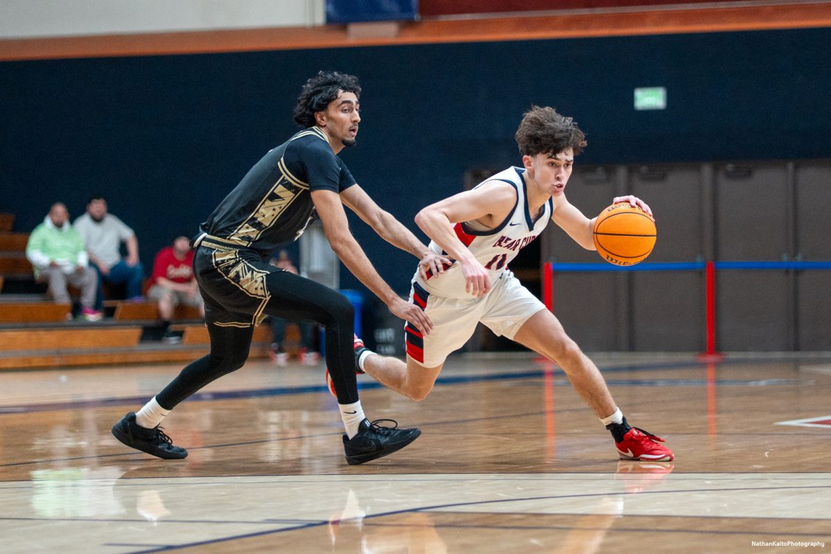 SRJC guard Spencer Langowski drives the ball forward as he looks to launch an attack against Yuba on Saturday, Mar. 1, 2025 at Haehl Pavilion.  