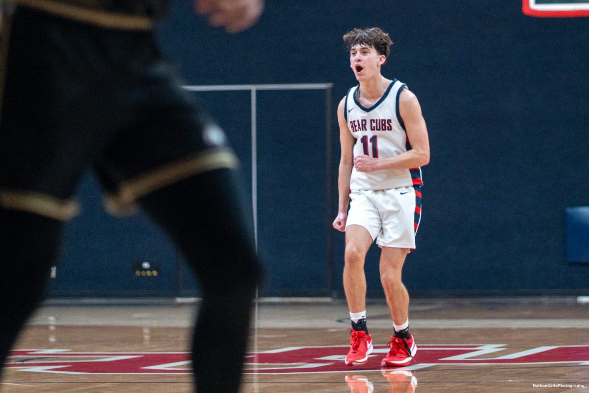 SRJC guard Spencer Langowski gets pumped up and celebrate's forward Audon Forgus' lay-up during a scoring flurry against Yuba on Saturday, Mar. 1, 2025 at Haehl Pavilion.  