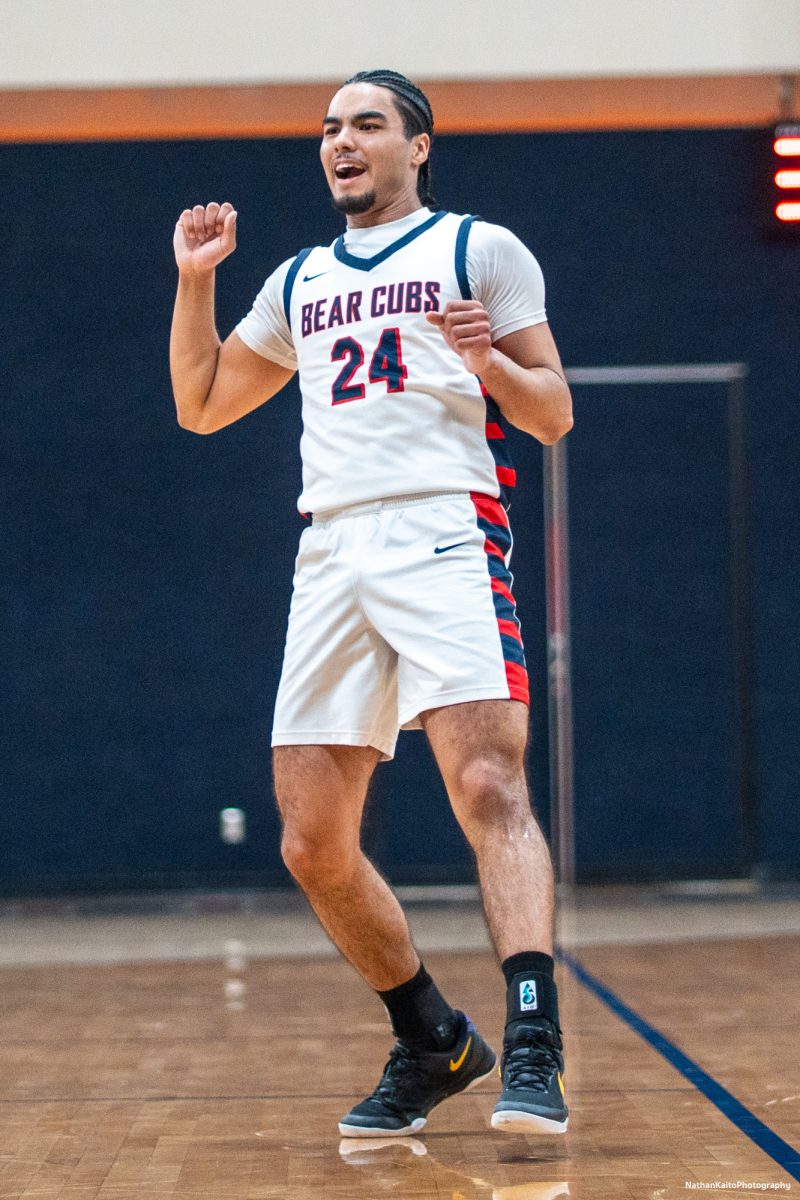 Bear Cubs' forward Vincent Jackson brightly celebrates a powerful Audon Forgus lay-up against Yuba on Saturday, Mar. 1, 2025 at Haehl Pavilion.  