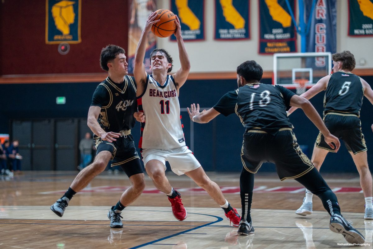 SRJC guard Spencer Langowski bursts into the paint and pushes towards the rim against Yuba on Saturday, Mar. 1, 2025 at Haehl Pavilion.  