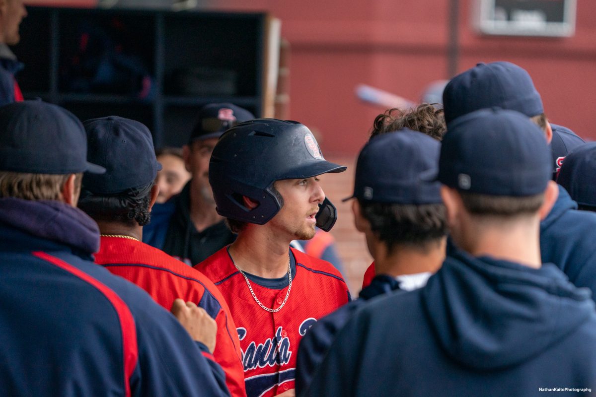 Bear Cubs's designated hitter Caze Derammelaere returns to the dugout after scoring a run during a stellar offensive performance against San Joaquin Delta on Saturday, March 15, 2025 in Santa Rosa.