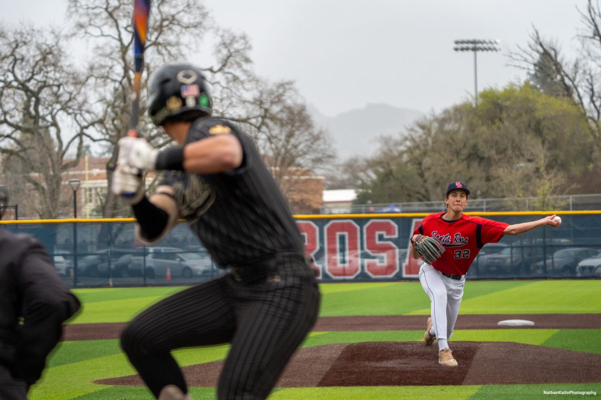 Bear Cubs' pitcher Lucas Hermes prepares to pitch as the Mustang's at-bat prepares himself on Saturday, March 15, 2025 in Santa Rosa.