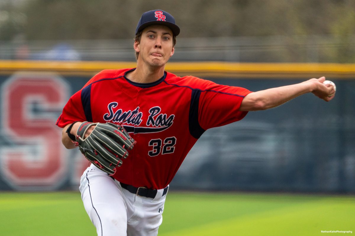 Santa Rosa Junior College's freshman pitcher Lucas Hermes unleashes a pitch during the early exchanges of the game against San Joaquin Delta on Saturday, March 15, 2025 in Santa Rosa.