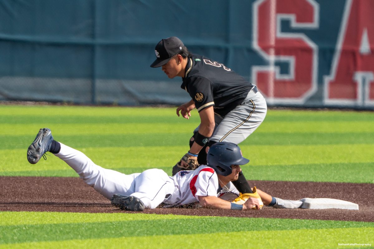 Santa Rosa Junior College's infielder Caze Derammelaere slides back to second base after trying to steal third base against San Joaquin Delta on Tuesday, March 11, 2025 in Santa Rosa.