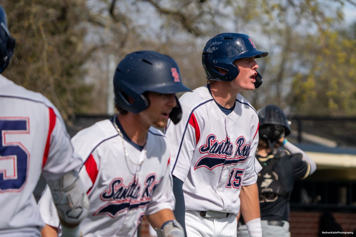 Bear Cubs' infielder Brett Neidlinger is fired up, and celebrates with teammate, Caze Derammelaere after they both make it to home plate against San Joaquin Delta on Tuesday, March 11, 2025 in Santa Rosa.