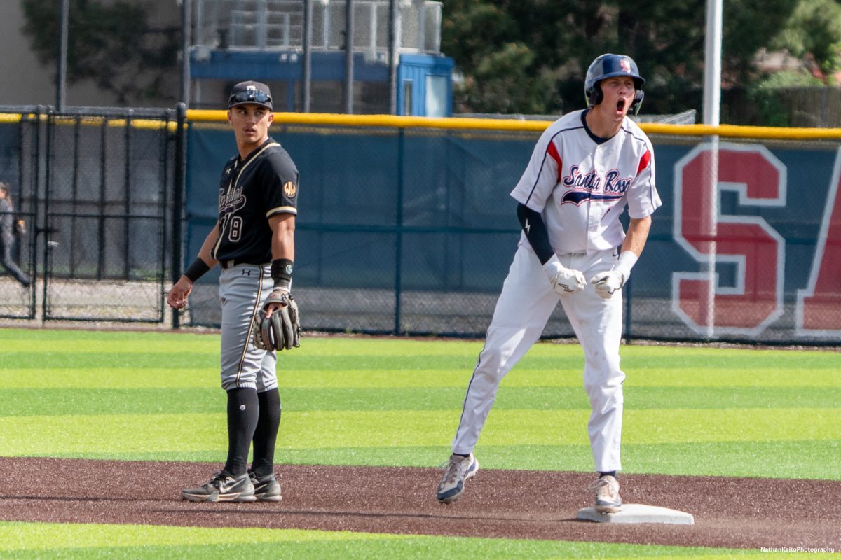 Santa Rosa Junior College's Brett Neidlinger is fired up and celebrates towads the dugout after making it to second base against San Joaquin Delta on Tuesday, March 11, 2025 in Santa Rosa.