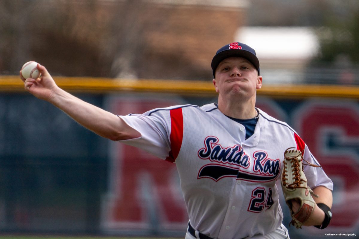 Santa Rosa Junior College's pitcher Russell Freedheim unleashes the ball in the early exchanges against San Joaquin Delta on Tuesday, March 11, 2025 in Santa Rosa.