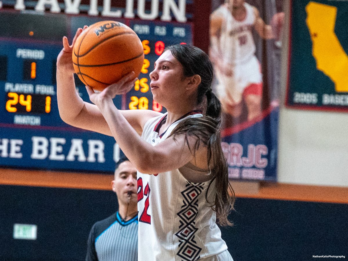 SRJC's forward Natalie Royer lines up her shot during the early exchanges of the match against the College of the Redwoods on Wednesday, Feb. 26, 2025 at Haehl Pavilion.