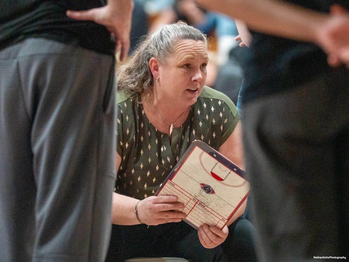 Bear Cubs' headcoach Lacey Campbell instructs her team during a time-out, hoping to build on an already positive performance agains the College of the Redwoods on Wednesday, Feb. 26, 2025 at Haehl Pavilion.