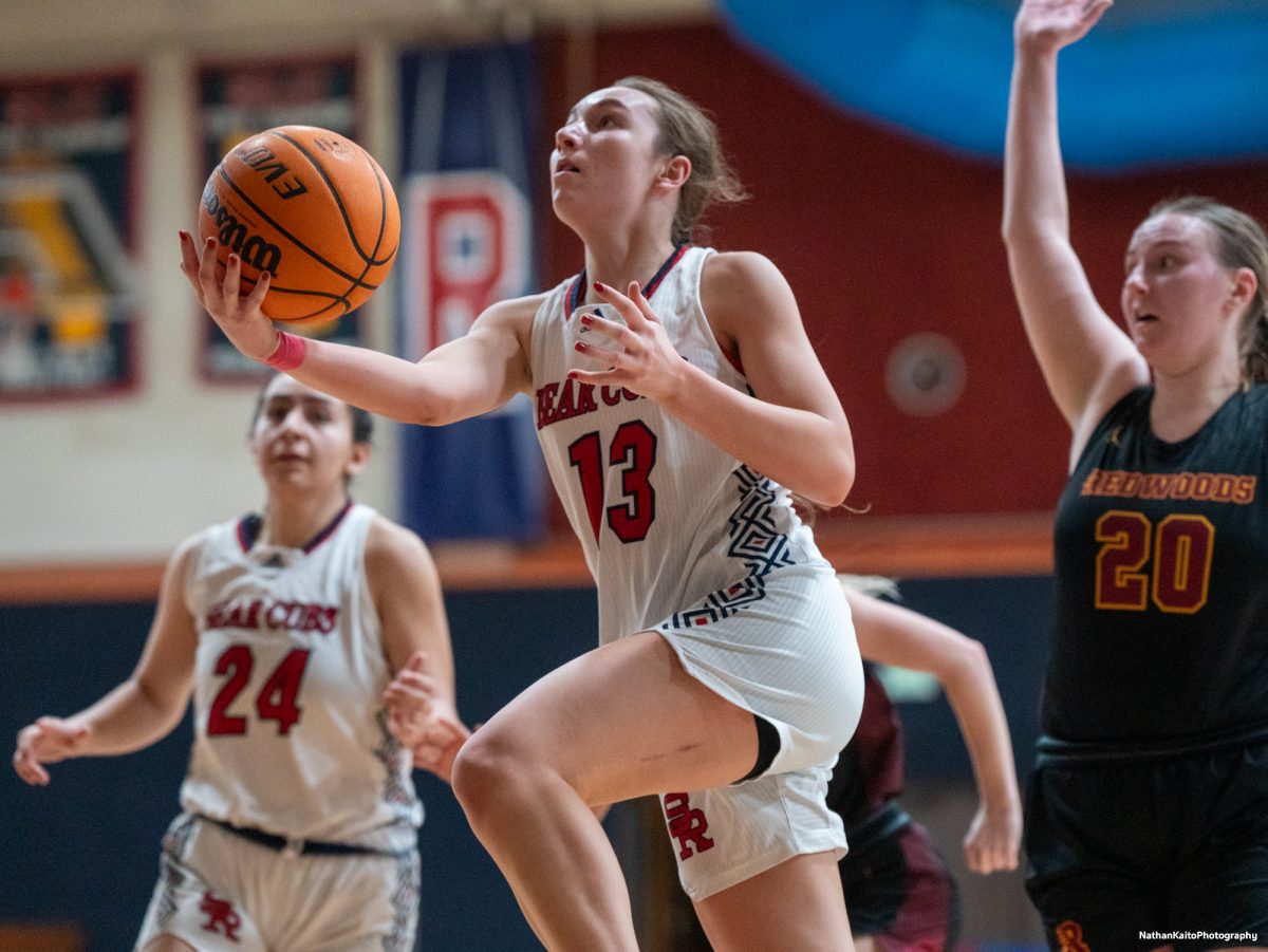 Bear Cubs' guard Caitlin Baldwin bursts towards the rim and goes for a lay-up during a strong third quarter performane against the College of the Redwoods on Wednesday, Feb. 26, 2025 at Haehl Pavilion.