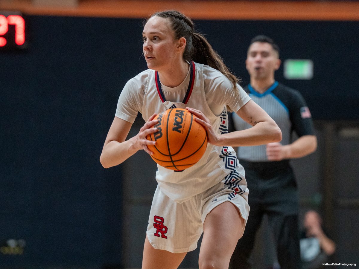 Bear Cubs' guard Abigail Tacla assesses her opitions as she looks to build an attack against the College of the Redwoods on Wednesday, Feb. 26, 2025 at Haehl Pavilion.