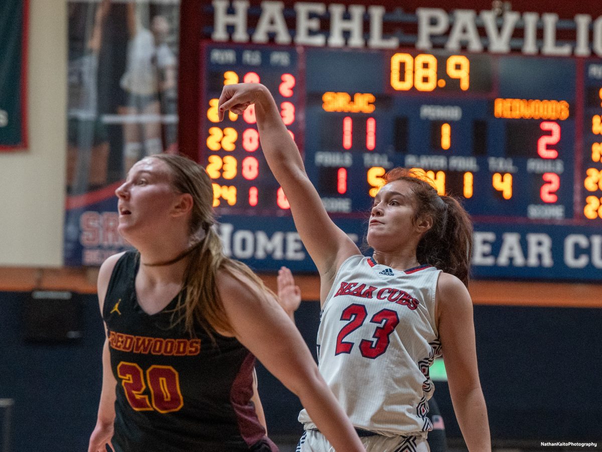 Bear Cubs' guard Ivy Gonzalez unleashes a shot, fueling an already dominant performance against the College of the Redwoods on Wednesday, Feb. 26, 2025 at Haehl Pavilion.