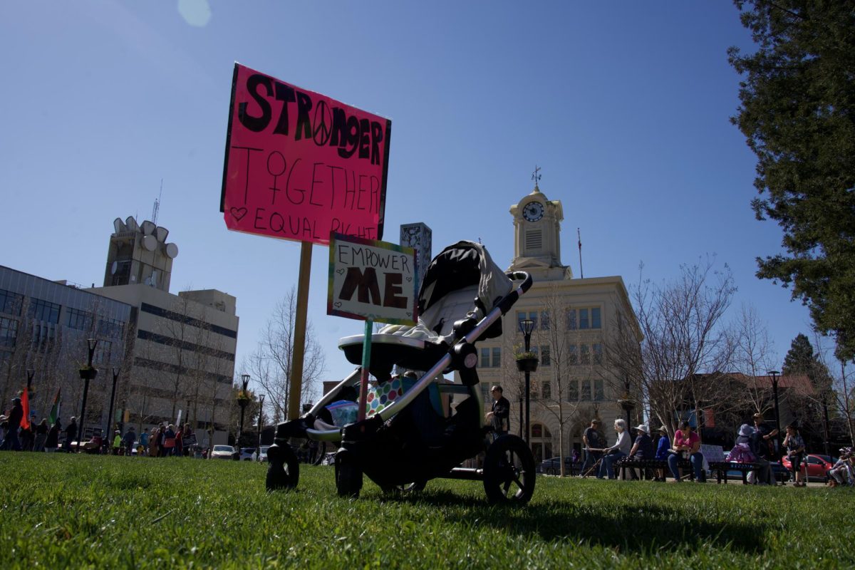 Handmade signs are attached to the bottom carriage of a stroller as demonstrators gather for the International Women’s Day march in Old Courthouse Square on Saturday, March 8, 2025 in Santa Rosa.  